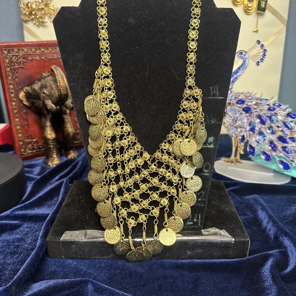 Vintage Gold Tone Coin Bib Necklace 18” Filigree Fringe Boho Statement